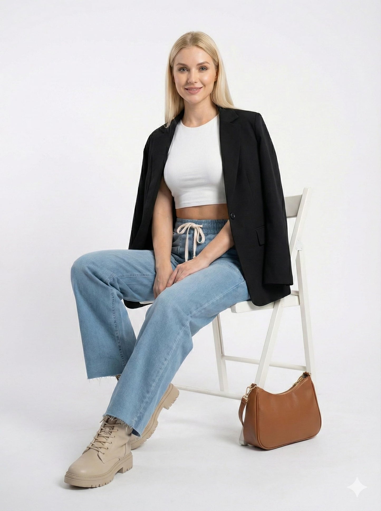 Mulch Woman High Waisted Wide Leg Women’s Pull On Blue Wash Jeans Stretchy Loose Fit Elastic Waist Drawstring Denim Pant (Medium)