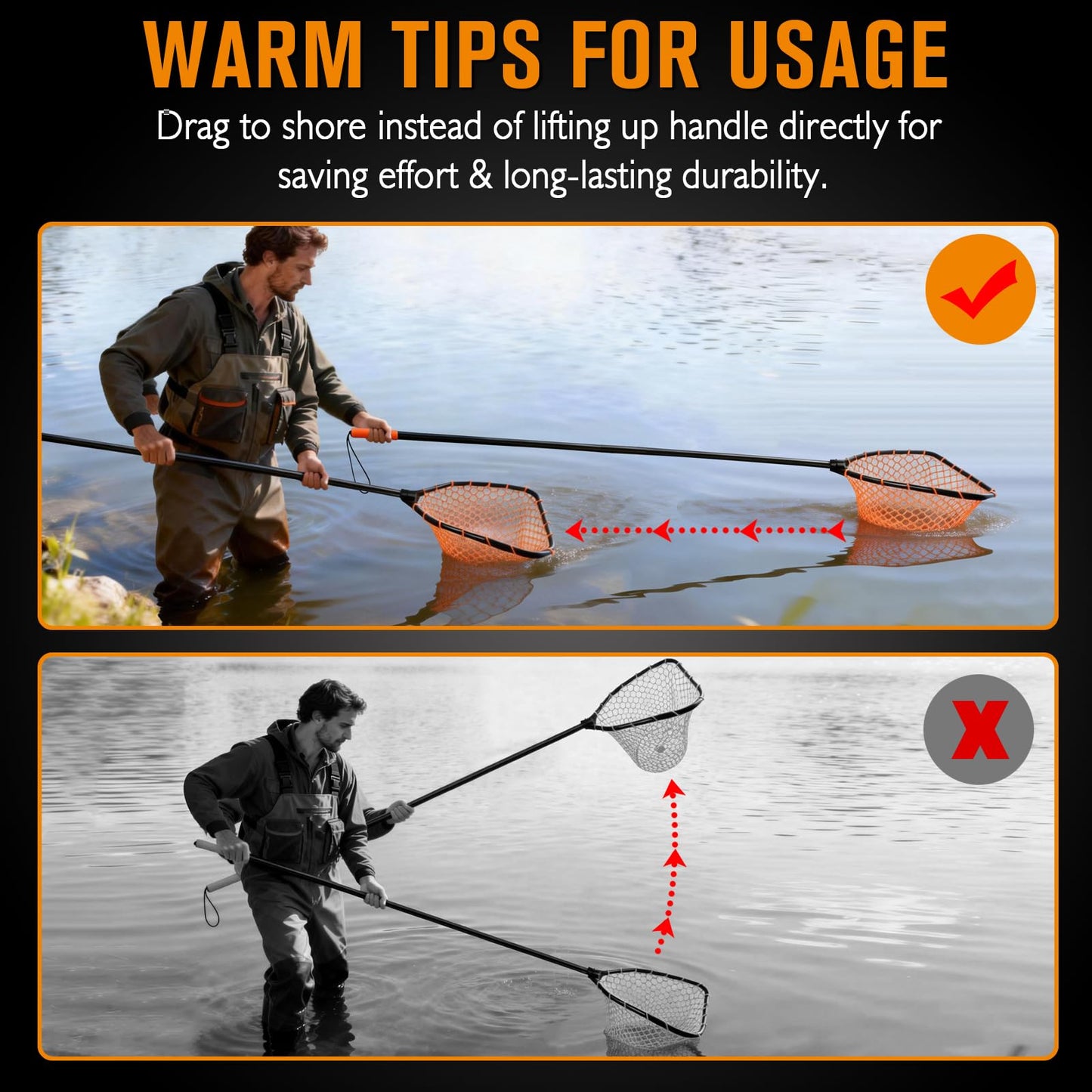 Dovesun Rubber Fishing Landing Nets Telescopic Handle Nets Folding Nets with Collapsible Handle for Catch & Release Fishing Gift 17.6" dia-13.7" Depth Orange