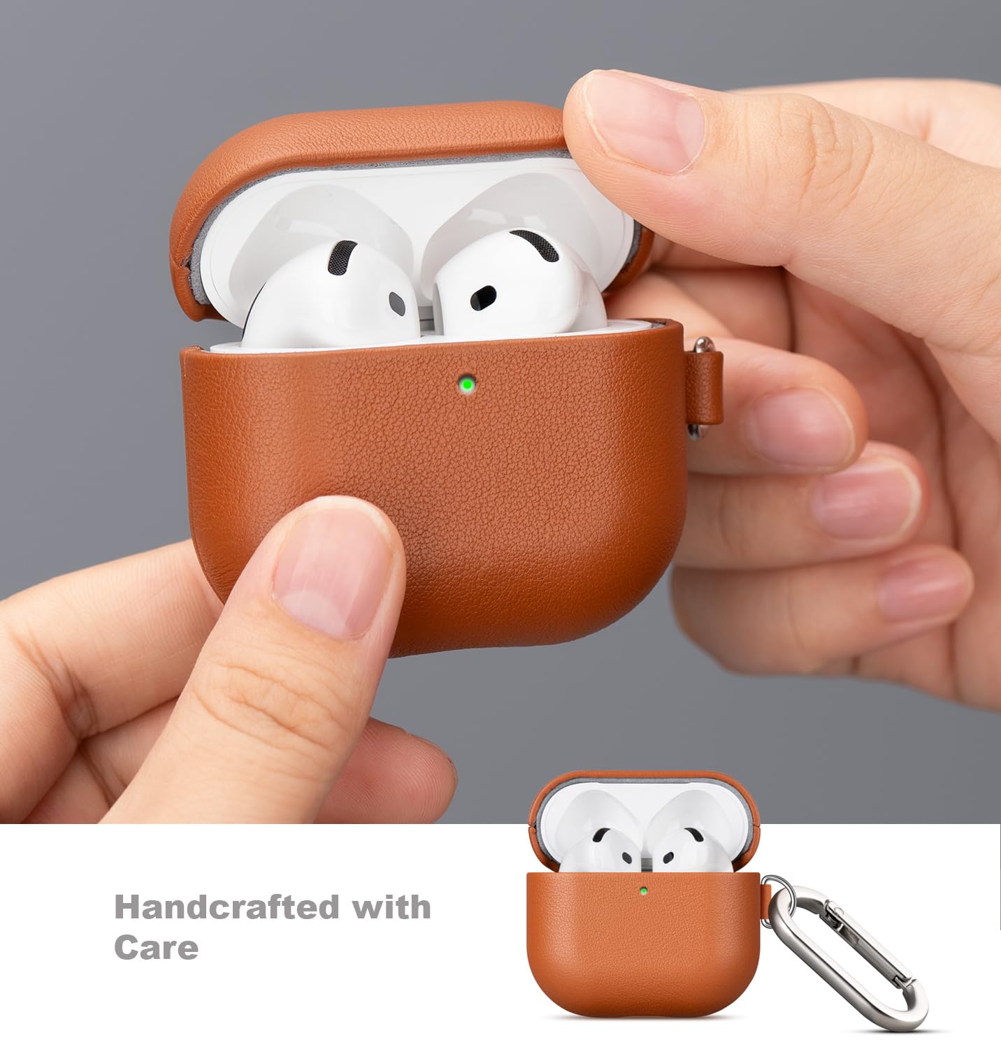 LOPIE Handmade Case for AirPods 4 / AirPods 4 with Active Noise Cancellation Leather Case Clip & Cleaner Kit, Fully-Wrapped with Top Grain Leather, Protective Hard Cover for Gen 4 Air Pods - Brown