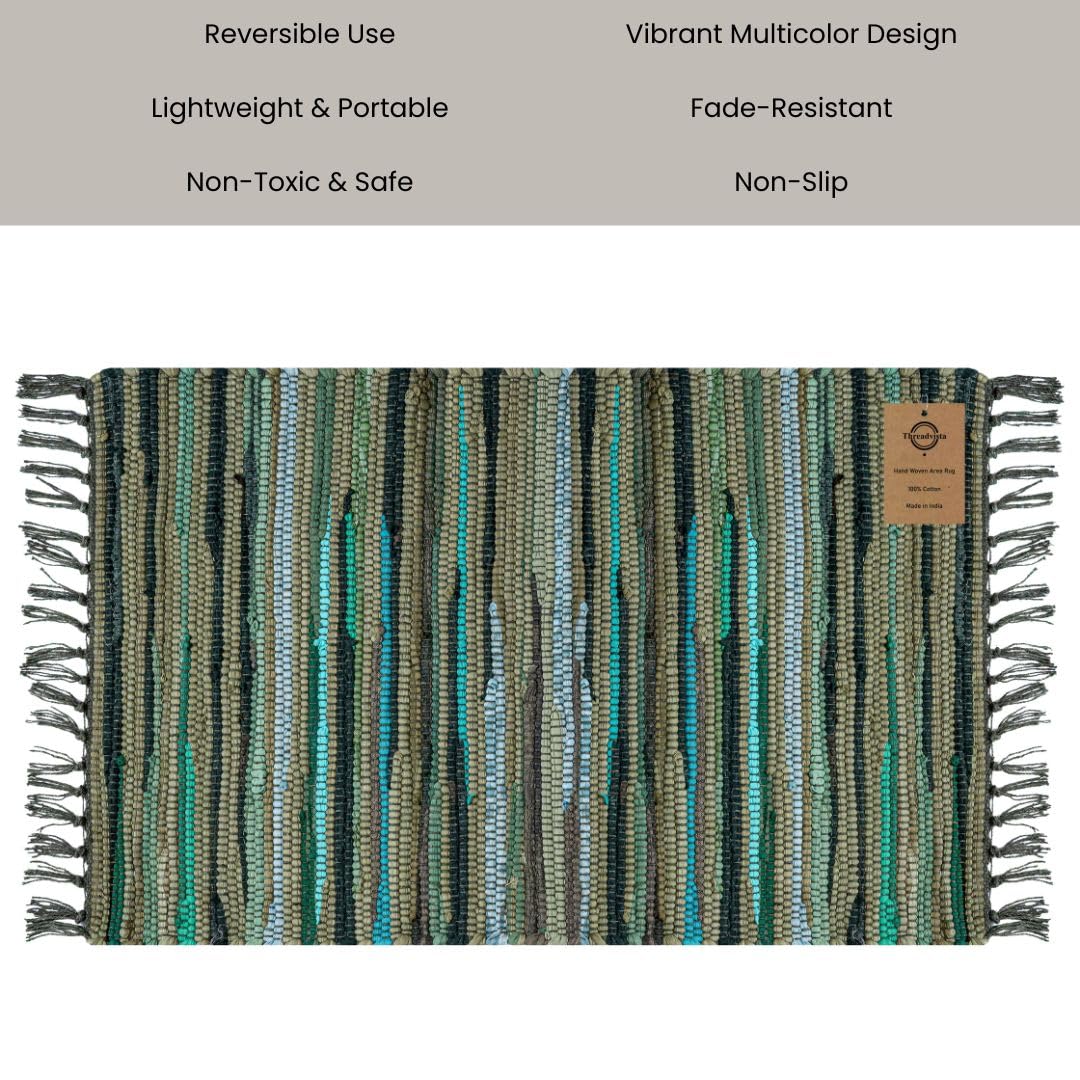 Threadvista Hand Woven Chindi Rug Cotton - Rustic Boho Accent Throw Rug for Living Room Bedroom Kitchen Entryway Floor Mats - Ideal for High Traffic Areas 20x32 inch Reversible Area Rug Green Multi
