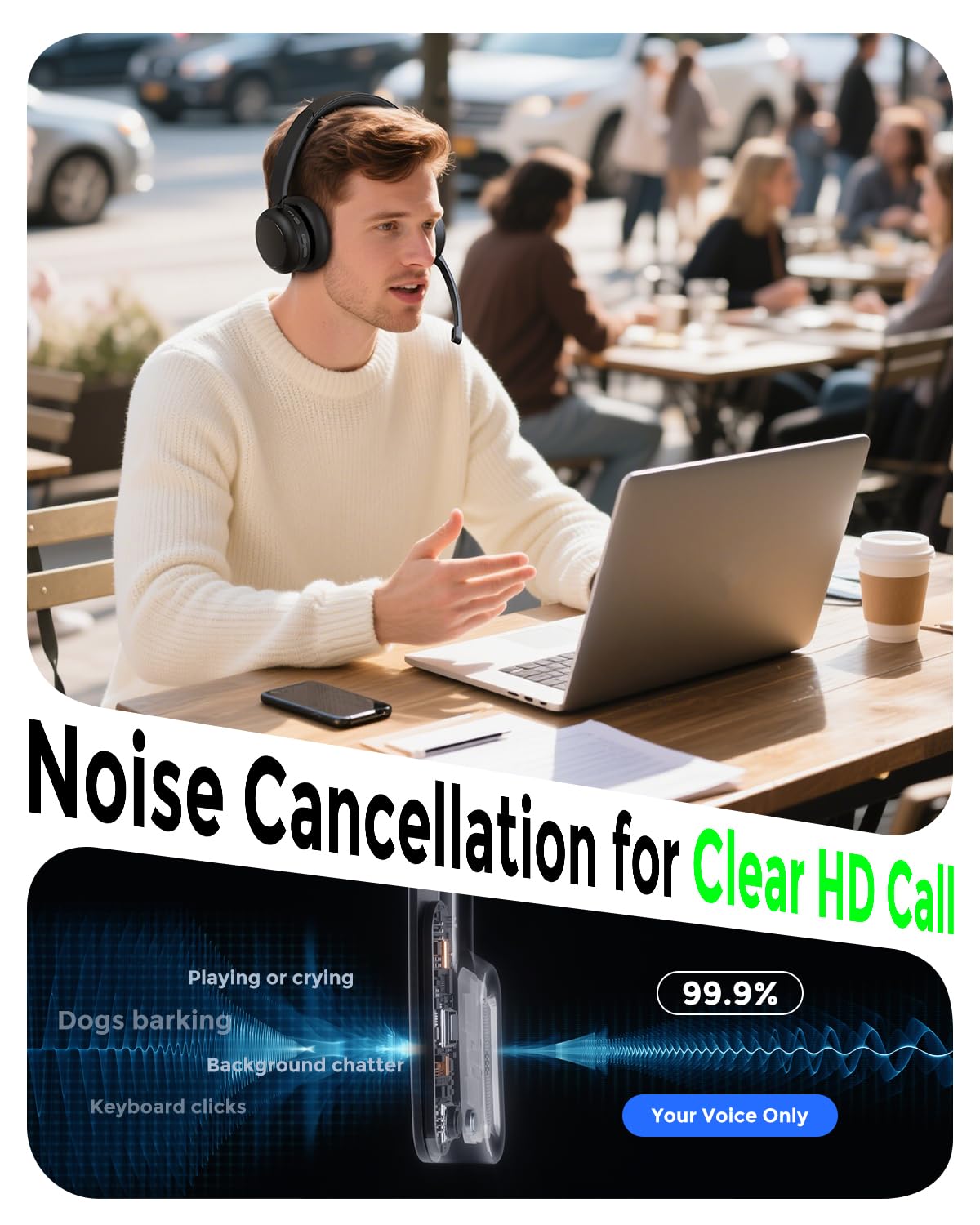 Bluetooth Headset, Wireless Headset with Mic for Work, Qualcomm Chipeset Dongle, V5.4 Headsets with Microphone for Work, Wireless Noise Cancelling Headphones Busy/Mute Light for PC Computer Office WFH