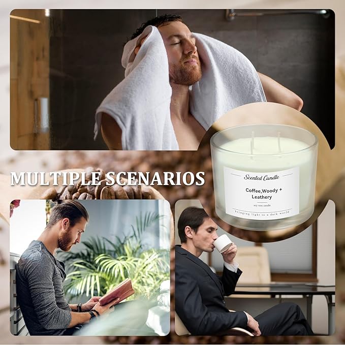 Premium 3-Wick Scented Candle 420g, Jar Aromatherapy Candle Birthday Gifts for Men and Women, Long Lasting 50H, Soy Wax Natural Essential Oil Blend for Home Office Spa (Coffee+Woody+Leathery)