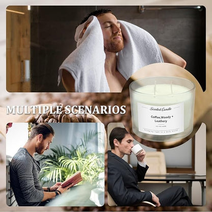 Premium 3-Wick Scented Candle 420g, Jar Aromatherapy Candle Birthday Gifts for Men and Women, Long Lasting 50H, Soy Wax Natural Essential Oil Blend for Home Office Spa (Coffee+Woody+Leathery)