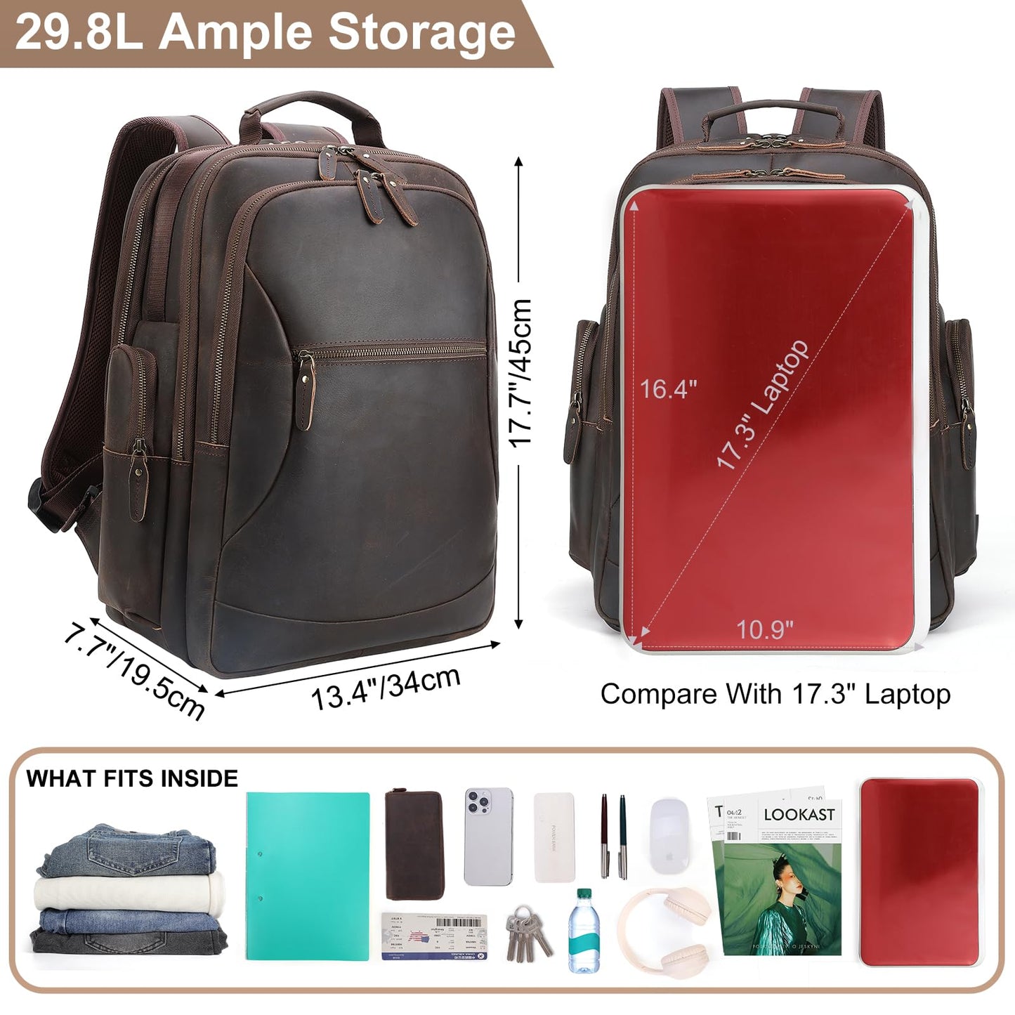 TIDING Full Grain Leather 17.3 Inch Laptop Backpack for Men Large Capacity Travel Weekender Camping Daypack Rucksack