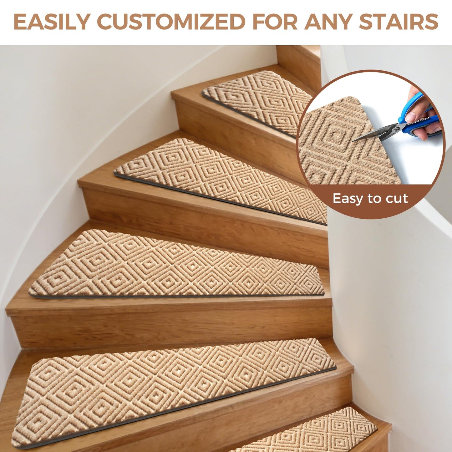 BAGAIL 15 Pack Non-Slip Stair Treads for Wooden Steps, 8"x30" Peel and Stick Carpet Stair Runners, Machine Washable Indoor Step Covers with No-Residue Adhesive for Dogs, Kids & Elderly - Beige