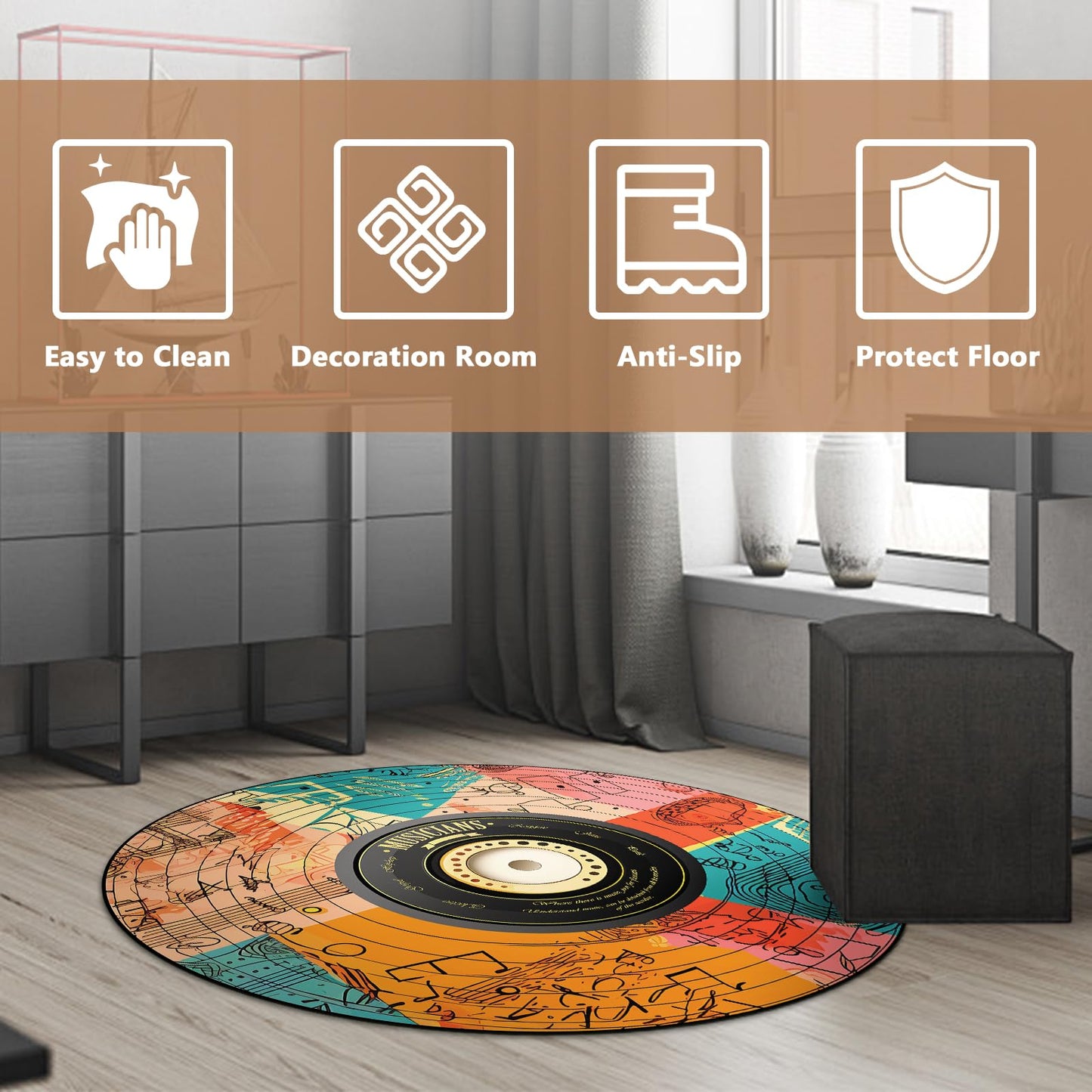 KALERA Music CD Disc Shape Area Rug, Multicolor, 5'3" x 5'3" (Round), Tufted, Polyester, Low Pile, Non-slip Backing, Water Resistant, All Seasons, Teenagers and Above, Living Room