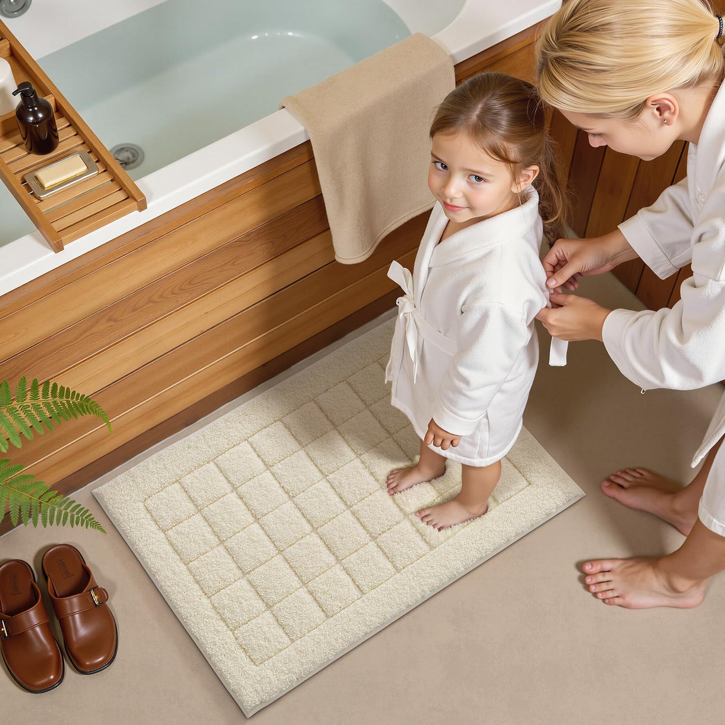 LUMI Modern Bathroom Rug, Washable Soft Absorbent Non Slip Bath Mat, Upgraded Premium Microfiber Plush Comfort Rugs for Shower Room, Bathtub, 20"x32", Ivory White