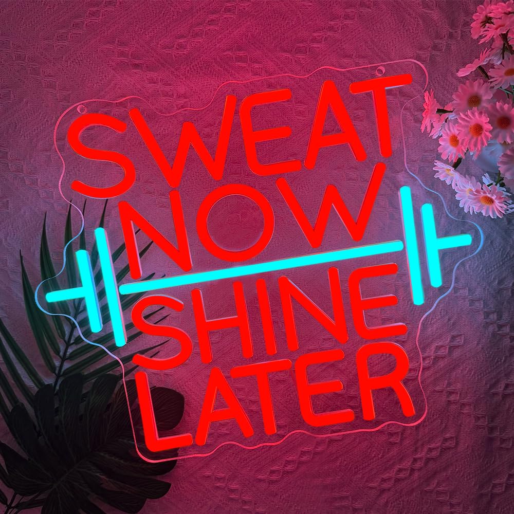 RuCvixkt Sweat Now Shine Later Neon Sign, Neon Light for Home Gym Led Weight Lighting Man Cave Decor, Dimmable USB Powered Signs Gift for Boy Girl Sport Lover