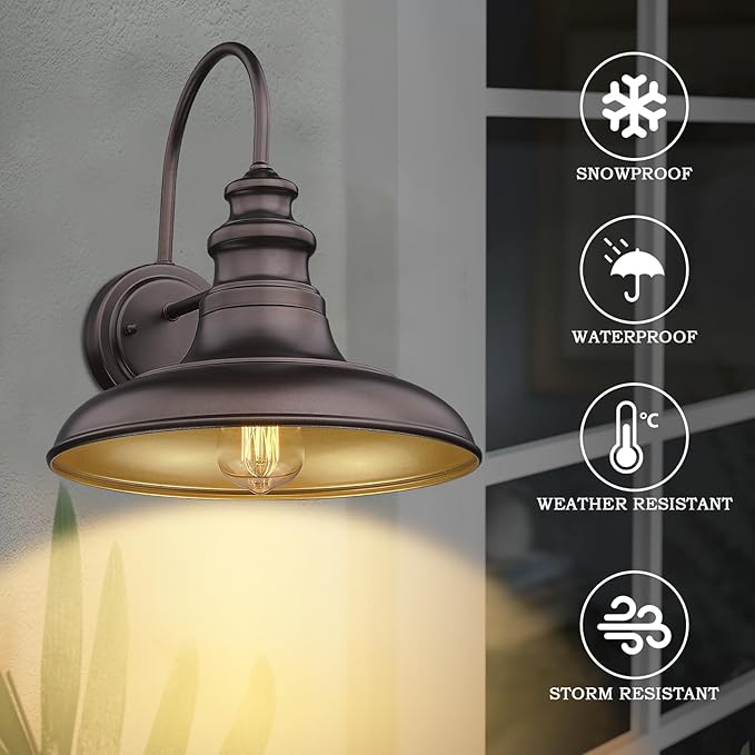 Outdoor Barn Light Fixture Farmhouse Wall Mount Light Gooseneck Wall Sconce Exterior Wall Lighting Fixture Industrial Bronze Finish Lantern for Porch with Gold Interior, 4Pack, RZ004-4PACK ORB