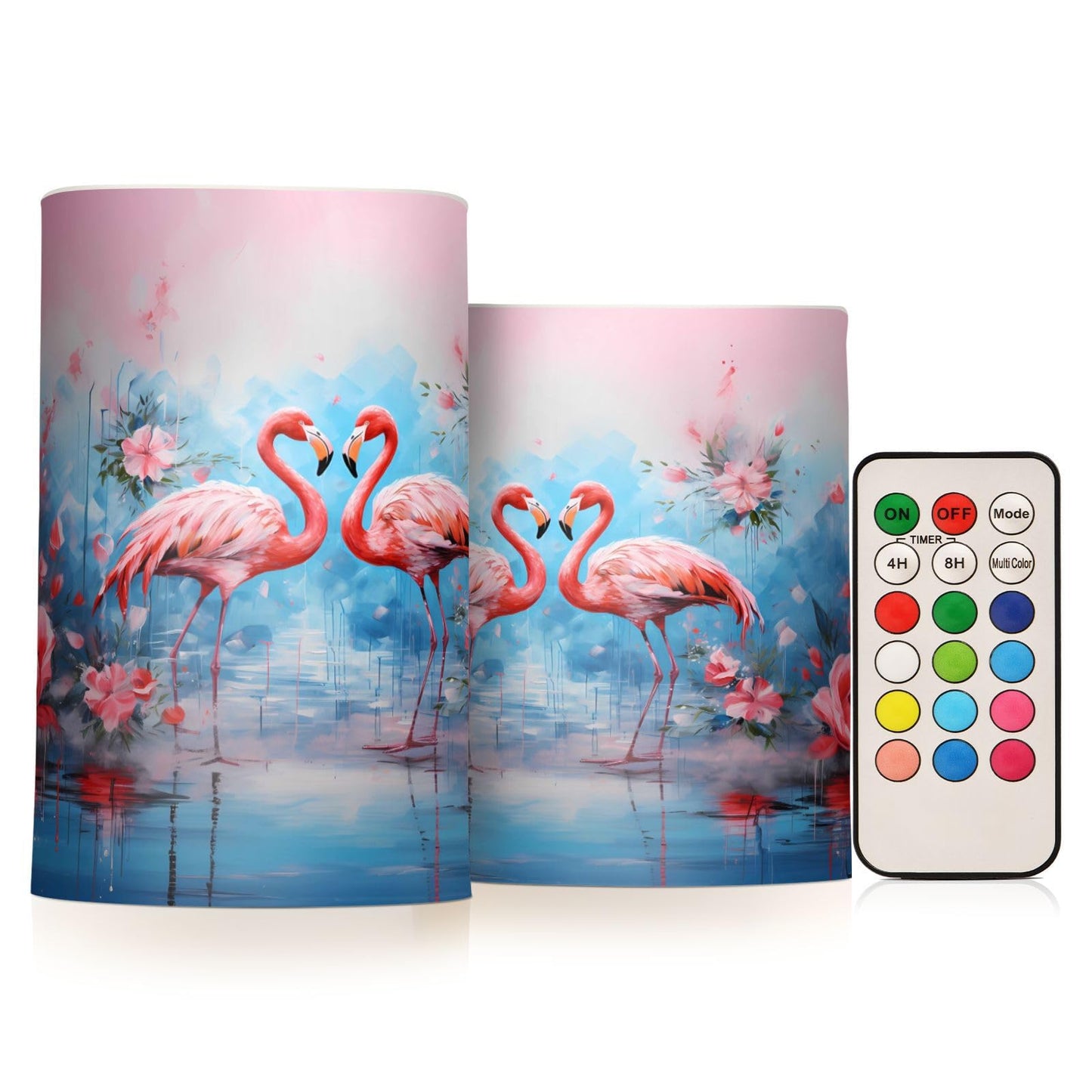 ALAZA Pink Flamingos with Flowers Flickering Flameless Candles Battery Operated with Remote Timer,Tea Light Candles LED Pillar Votive Candles Set of 2 for Outdoor Indoor Decorations