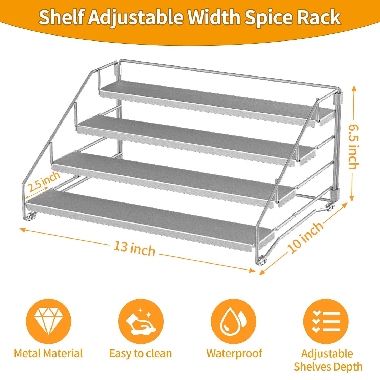 4 Tier Spice Rack for Cabinet, Spice Rack Organizer, Depth Adjustable Spice Holder for Countertop, Cupboard, Pantry, Seasoning Shelf, Metal, Black (1 Pack)