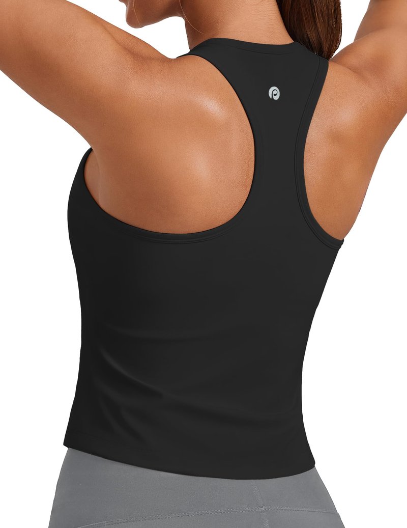PINSPARK Workout Tank Tops for Women Padded Athletic Tops Sleeveless Yoga Shirt Moisture Wicking Running Tank, Black M