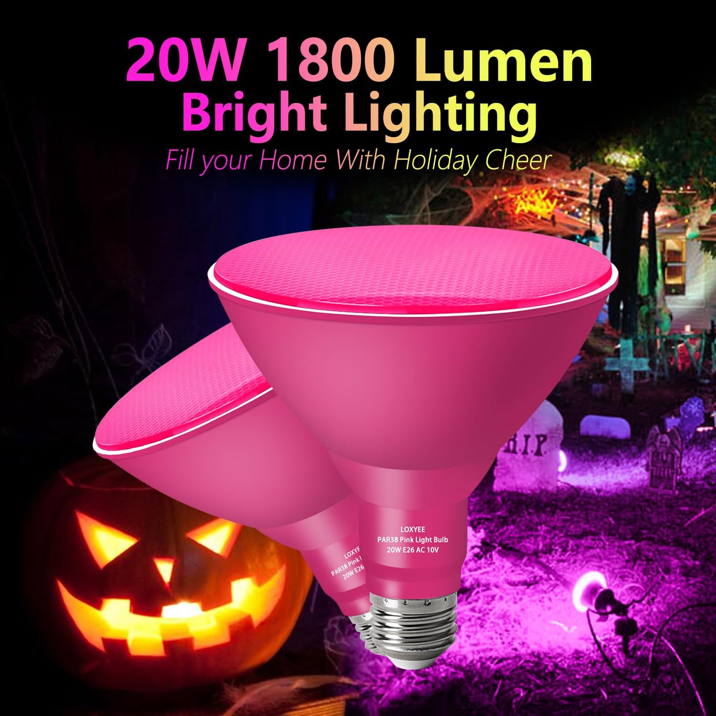 LOXYEE PAR38 Flood Pink Light Bulbs,4 Pack Dimmable,E26 Base Pink Flood Light Outoor(20W Replace to 200W),Halloween Light Bulb for Outside,Christmas,Holiday Lighting