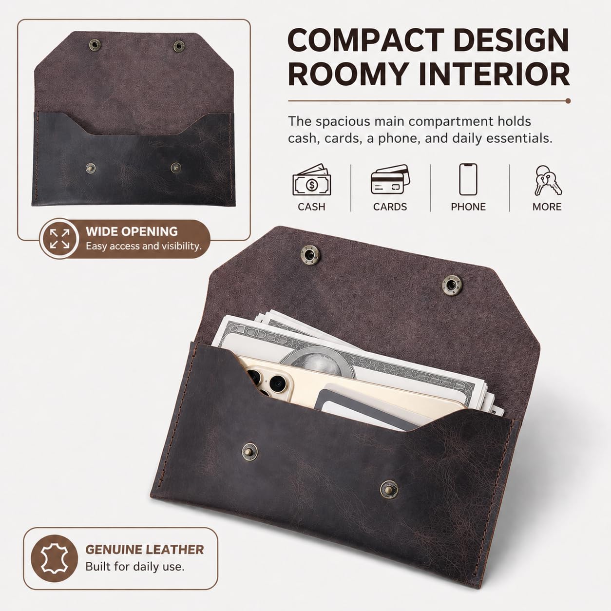 ZEMARS Genuine Leather Cash Envelope Wallet, Two Snap Money Pouch for Men and Women, Reusable Budget Envelope Wallet, Slim Organizer for Cash, Cards, Receipts, Checks and Keys (Dark Brown)