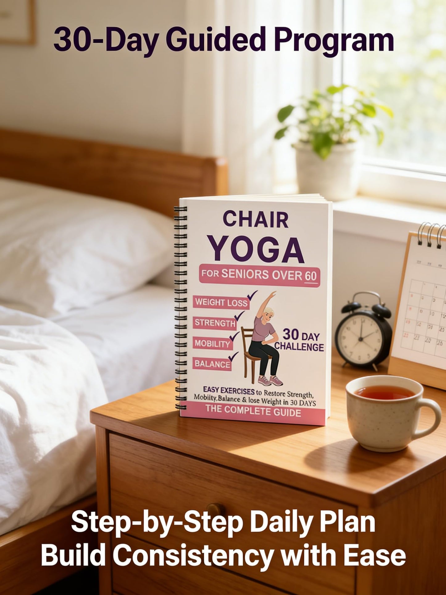 Chair Yoga Book for Seniors, Pink and White Cover Exercise Chart with Gentle Poses, Chair Workouts for Weight Loss and Balance for Elderly Beginners