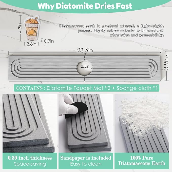 Stone Faucet Mat for Kitchen Sink, Diatomite Drying Stone Tray & Sink Protector