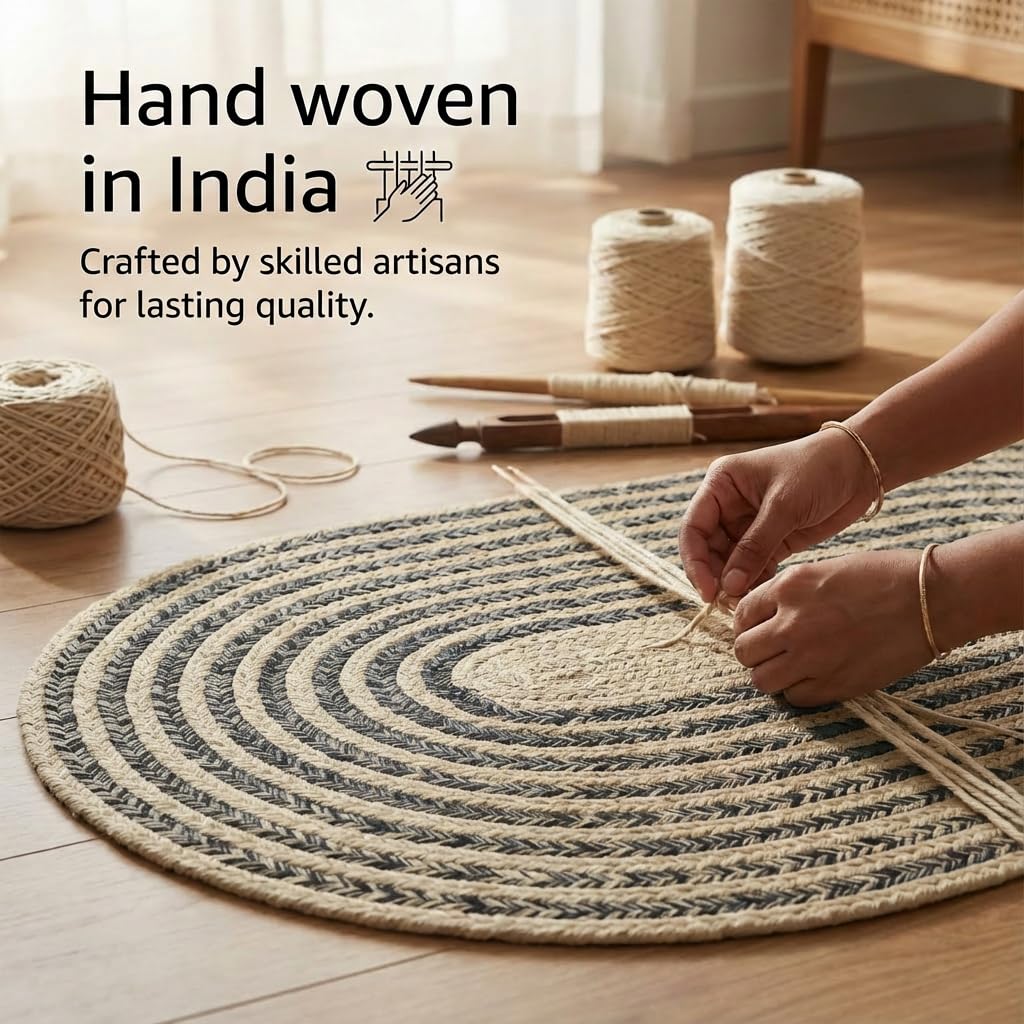 Cotton Braided Rug - 3' X 5' Beige and Charcoal Oval Woven Farmhouse Rug for Kitchen - Braided Minimalist Rugs for Entryway - Rustic Primitive Rugs for Bedside