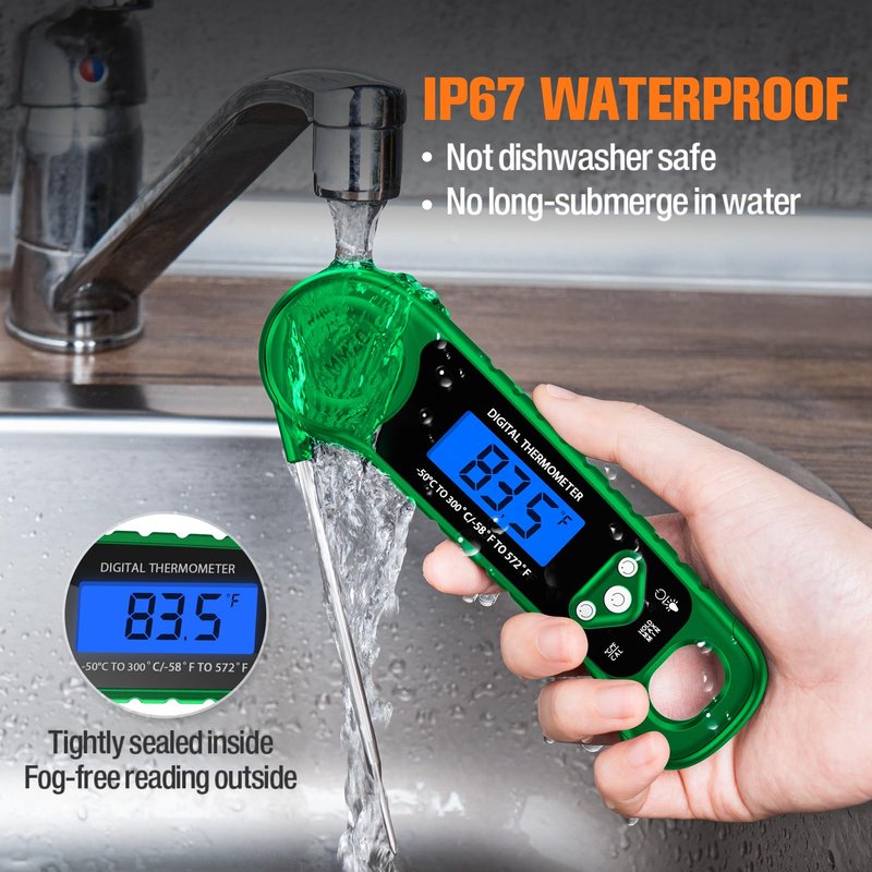 AMMZO Digital Meat Thermometer for Grilling, Candy Thermometer Instant Read Food Thermometer Waterproof with Backlight for Cooking, Deep Fry, BBQ, Grill, Smoker and Roast (Green)