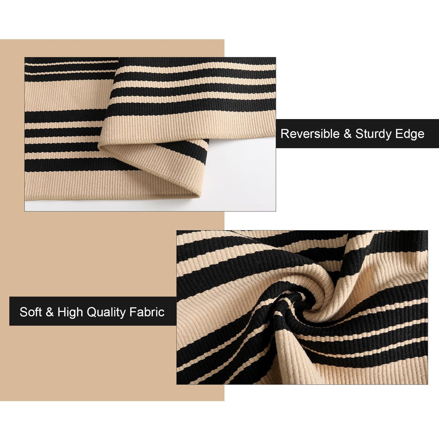 Sungea Striped Outdoor Front Door Mat 24"x51", Cotton Hand Woven Washable Black and Khaki Rug Runner, Reversible Foldable Indoor Layered Front Door Rugs for Entryway/Farmhouse/Home Entrance