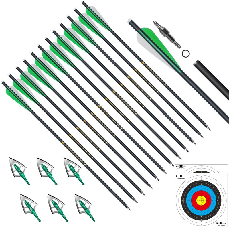 e5e10 Crossbow Bolts 20 Inch Carbon Crossbow Arrows Kit Included 12 pc Carbon Archery Arrows & 6 pc Hunting Broadheads & 2 pc Targets Paper Made Degradable Plastic for Hunting, Practice(Green)