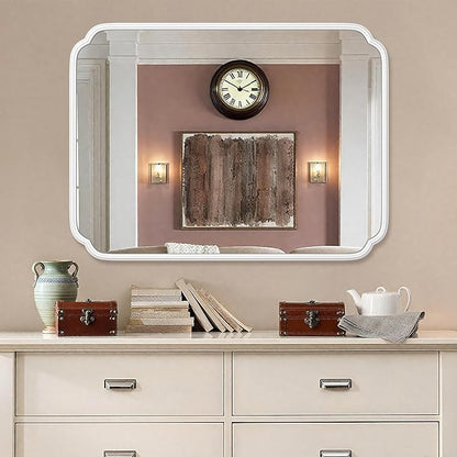 White Bathroom Vanity Mirror for Over Sink 30" x 40" Modern Rounded Corner Rectangle Wall Mirror Decorative with Non-Rusting Iron Metal Framed (Horizontal/Vertical)