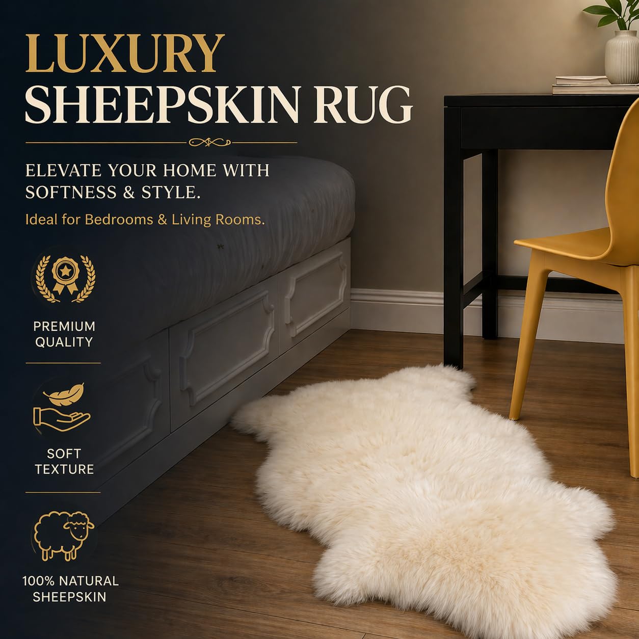 Woolous Sheepskin Rug, Genuine Sheep Skin Chair Throw 2x3 ft Ivory