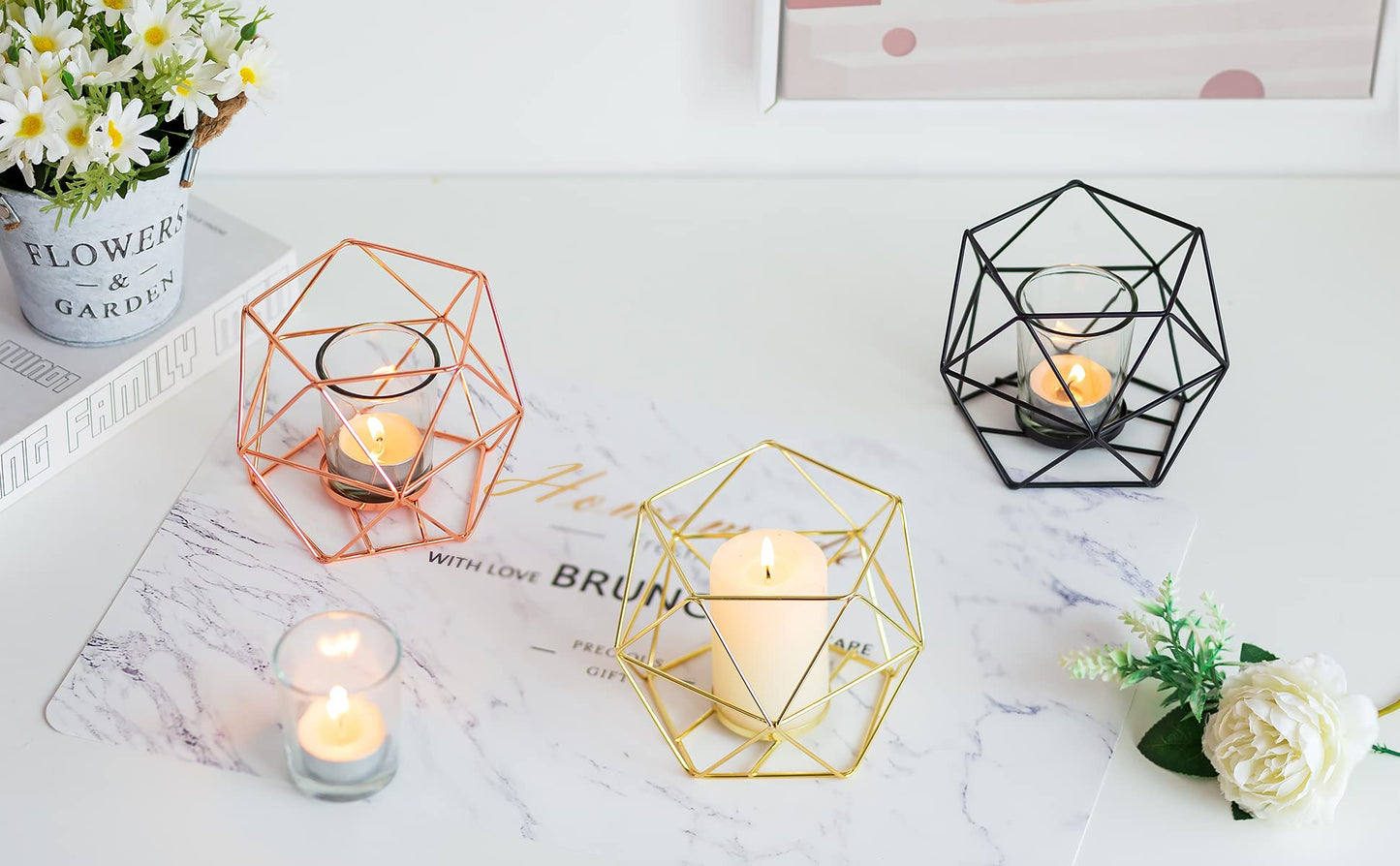Geometric Tealight Candle Holders Gold - Votive Candle Stand Accents for Tea Light Decorative for Home Table Shelf Mantel Modern Geo Decoration Christmas Wedding Reception Décor, Gold, 6pcs