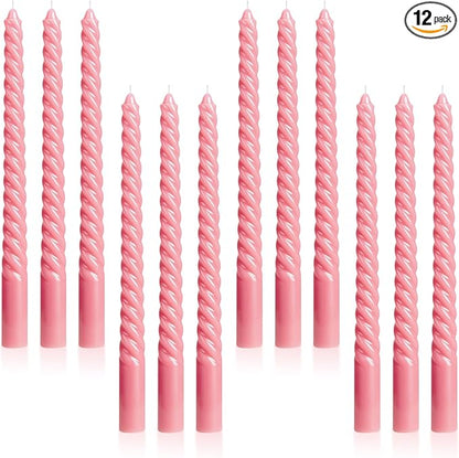 Tobeape Pink Twisted Taper Candles Set of 12, 10 Inch Tall Unscented Dripless, Smokeless Spiral Tapered Candlestick for Wedding Home Décor Dinner Birthday Party Valentine's Day - 8 Hour Long Burning