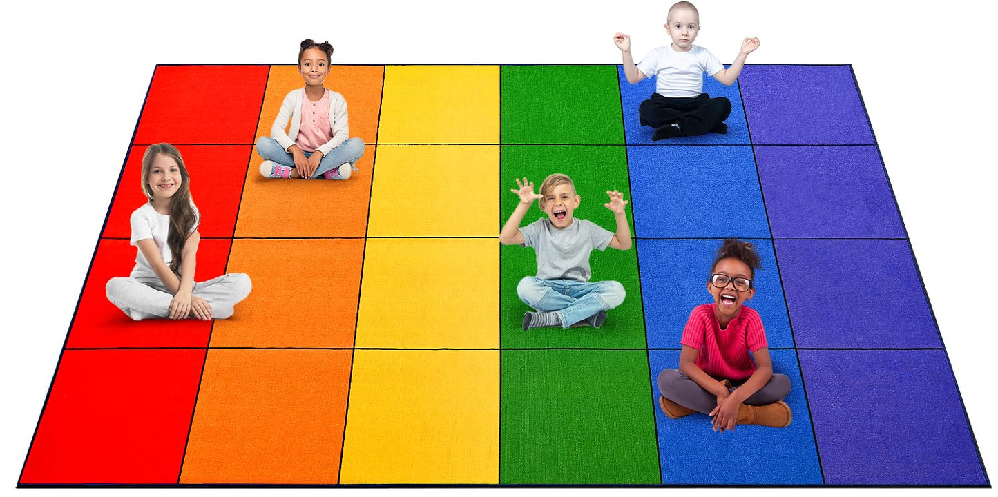 Boooooom Jackson Classroom Rug - 7'6''x13'12'' Vibrant Rainbow Preschool Classroom Carpet with Seating Squares, Non-Slip & No-Trip Edges, Vibrant Colors for Kids Playroom Floor Mat