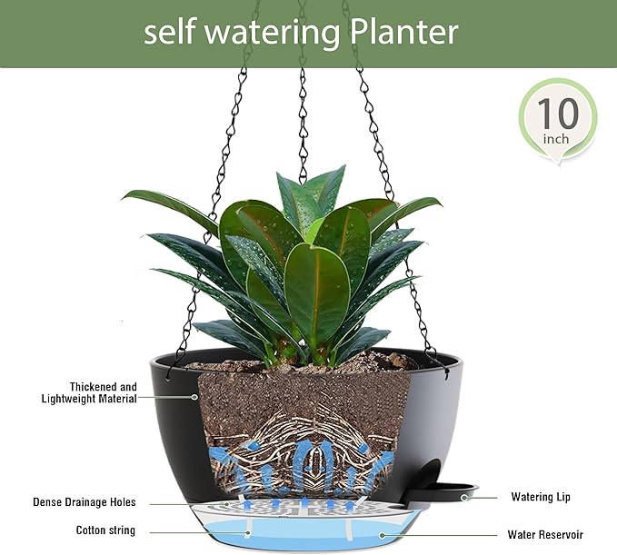 10 Inch Hanging Baskets 2 PC with Chains, Self-Watering Hanging Planters for Indoor Outdoor Plants, Plastic Hanging Flower Pots,Black