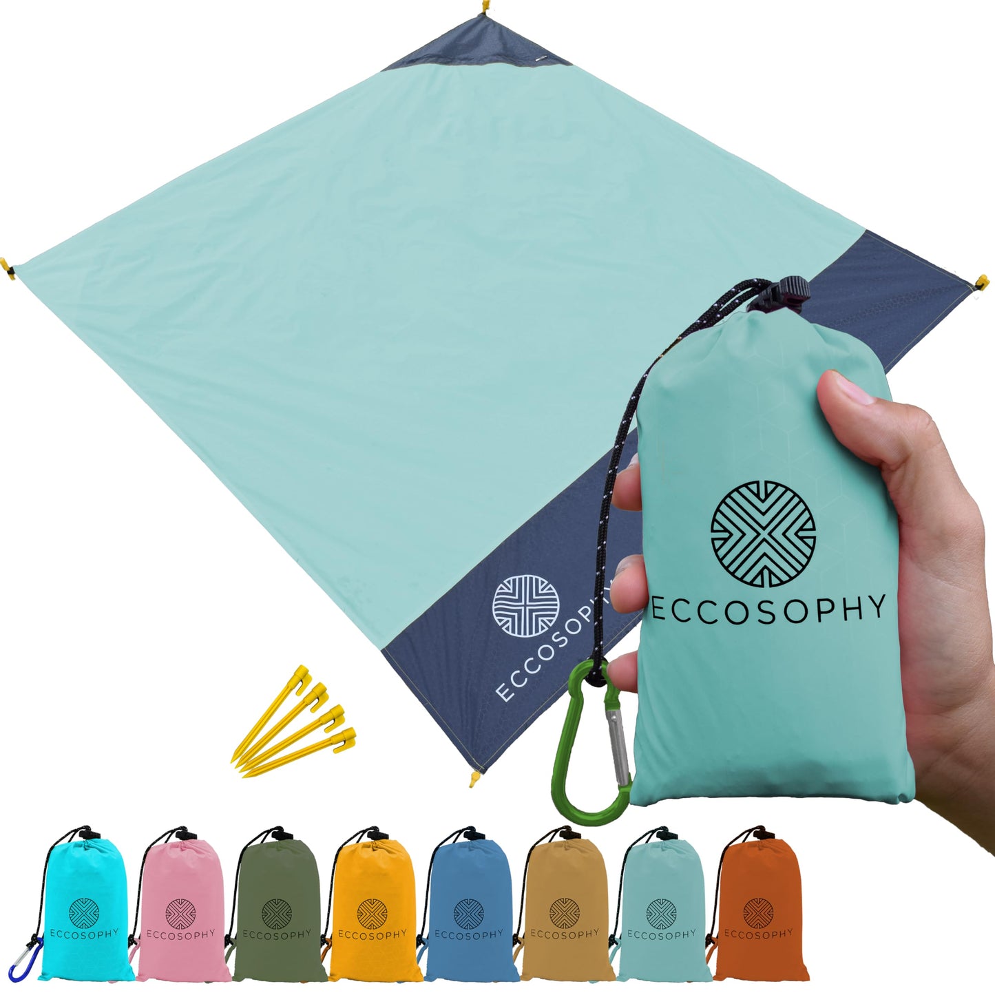 ECCOSOPHY Sand Proof Beach Blanket - Waterproof Picnic Blanket 60x55 Outdoor Compact Pocket Blanket Lightweight Ground Cover for Hiking Camping Festivals Sports Travel with Bag & Stakes (Pistachio)