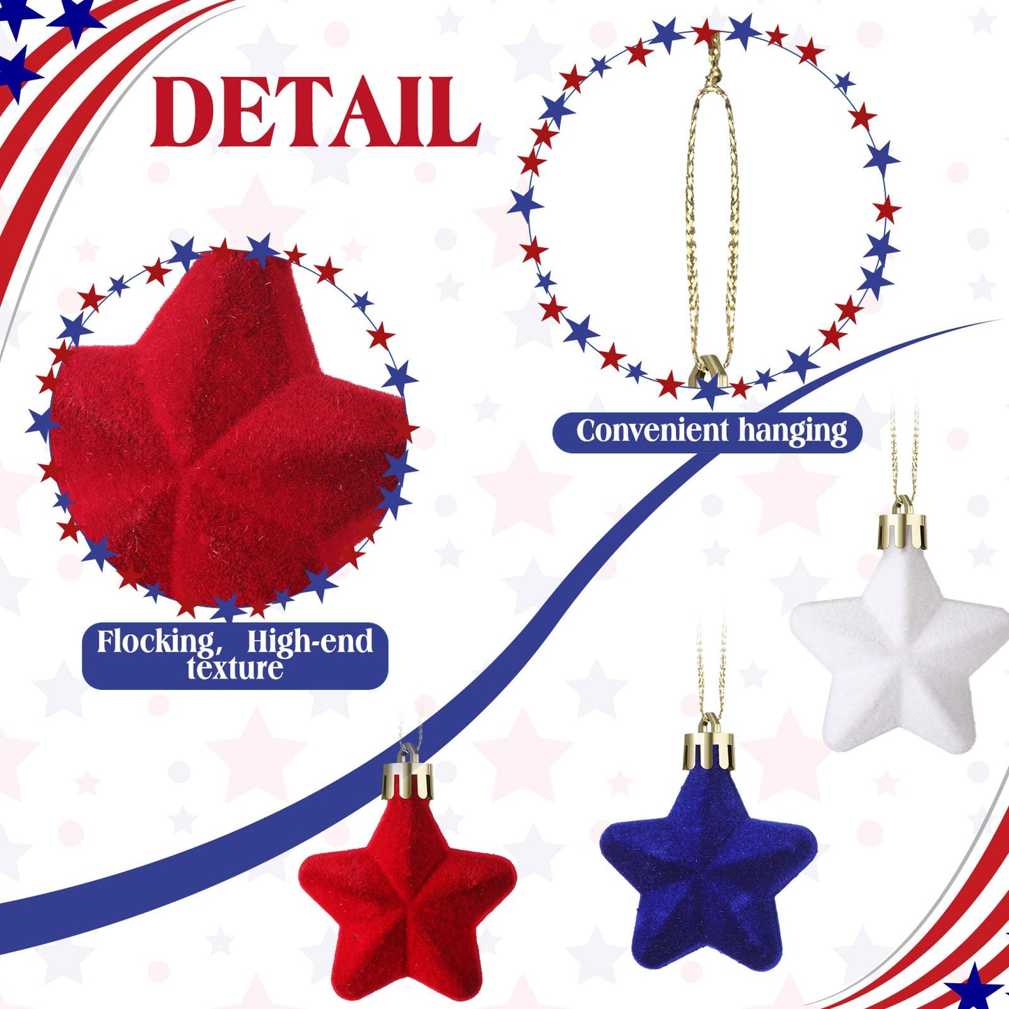 PullCrease 36 Pcs 4th of July Tree Decorations 1.18 Inch Red White Blue Star Ornaments Patriotic Hanging Star Shaped Ornaments for Independence Day 250th Anniversary Holiday Party Supplies