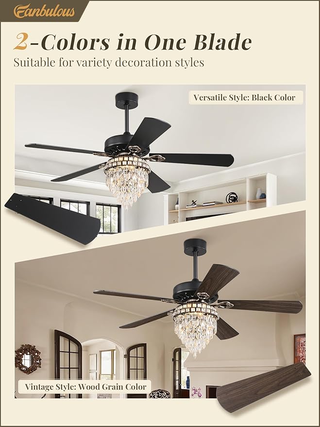 Fanbulous 52 Inch Farmhouse Fandelier Ceiling Fan with Light, Crystal Ceiling Fans Chandelier with 6 Speeds, Quiet Reversible Noiseless DC Motor, 3CCT, Indoor Ceiling Fan for Living Room Bedroom