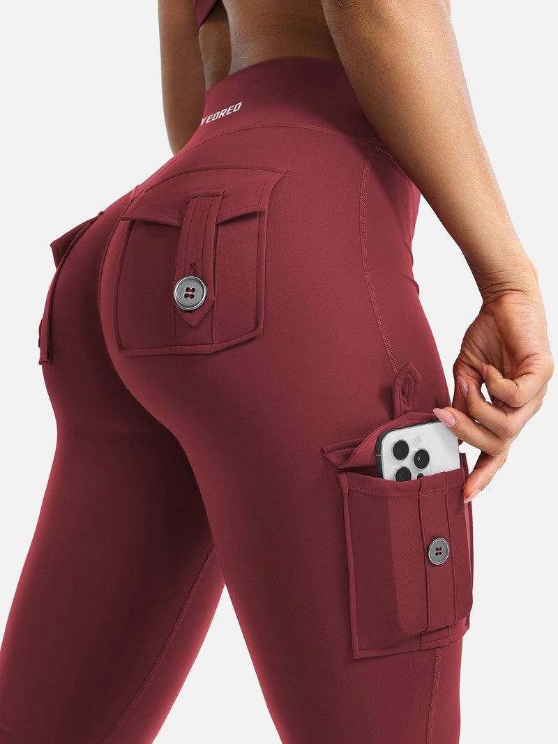 YEOREO CoreFlex Women Workout Flare Leggings with Pockets Hidden Scrunch High Waisted Cargo Gym Yoga No Front Seam Leggings Anchor Red XXL