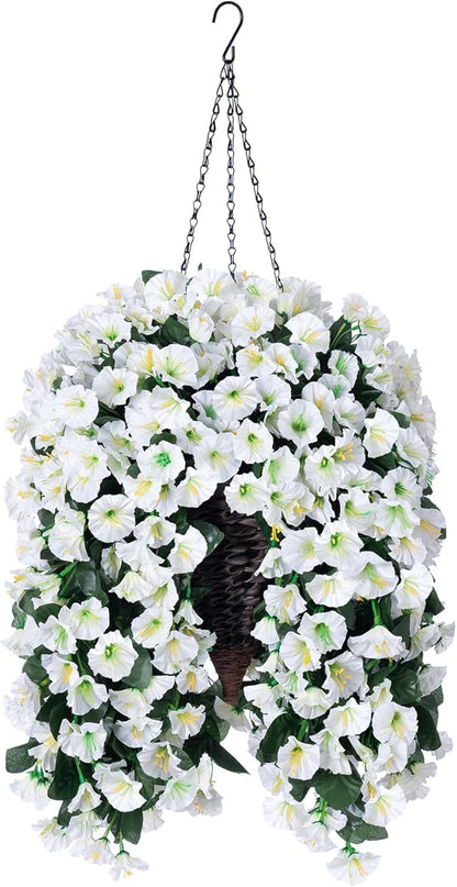 Artificial Fake Flowers Plants Hanging Baskets for Outdoor Outside Fall Decor, Faux Silk Hanging White Morning Glory Trailing Vines UV Resistant Look Real for Porch Patio Home Decoration