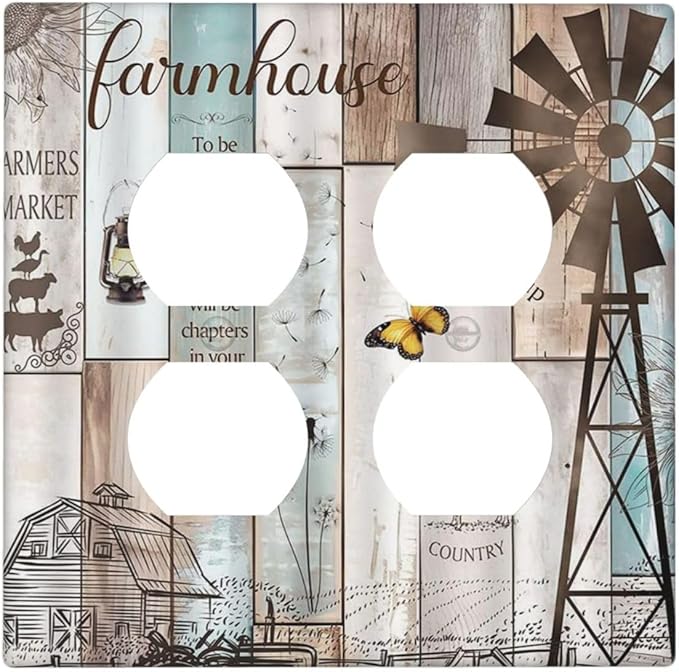Decorative Light Switch Cover Plate Rustic Farmhouse Colorful Wooden Barn Door 2 Gang Socket Covers Double Duplex Wallplates Switch Plates and Outlet Covers for Kitchen Home Decor