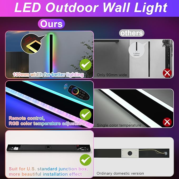 Outdoor Modern Wall Lights for Porch,2 Pack RGB Long Outdoor LED Wall Lights,48 inch Long Linear Outside Light Fixture,Dimmable Long Outside Wall Light for House,Enterway,Garage with Control Remote