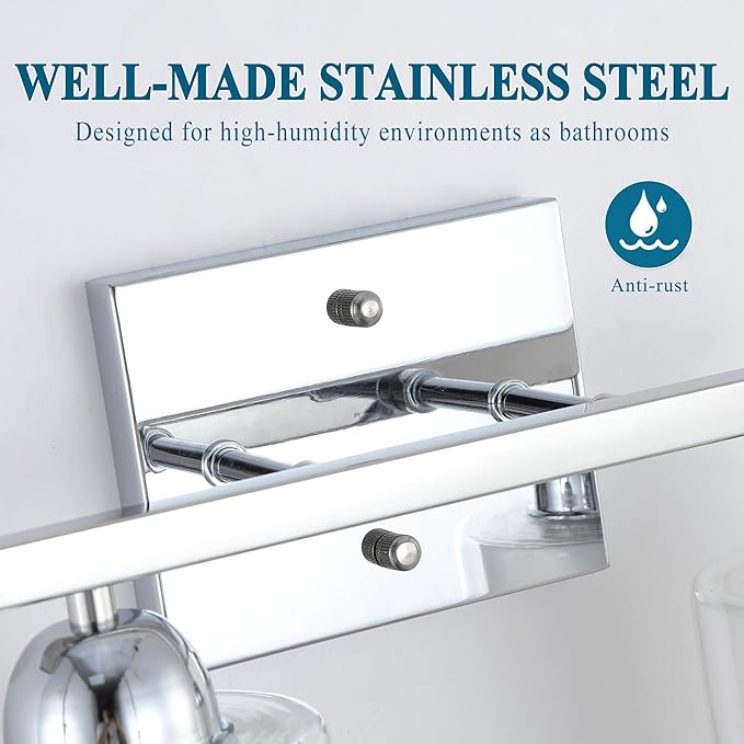Stainless Steel Bathroom Vanity Light Over Mirror, 3 Light Polished Chrome Bathroom Light Fixtures with Milk Glass and Clear Glass Shades, Modern Vanity Lighting Wall Mount