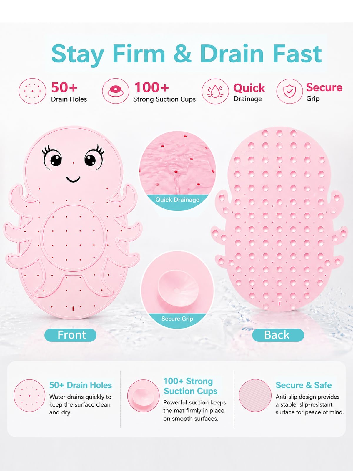 Zuplo Kids Bathtub Mat Non Slip, Soft Silicone Octopus Baby Bath Mat for Tub, Toddler Bath Mat with Large Suction Cups, Washable Anti Slip Shower Mat for Children, Smooth Tub Surface Only