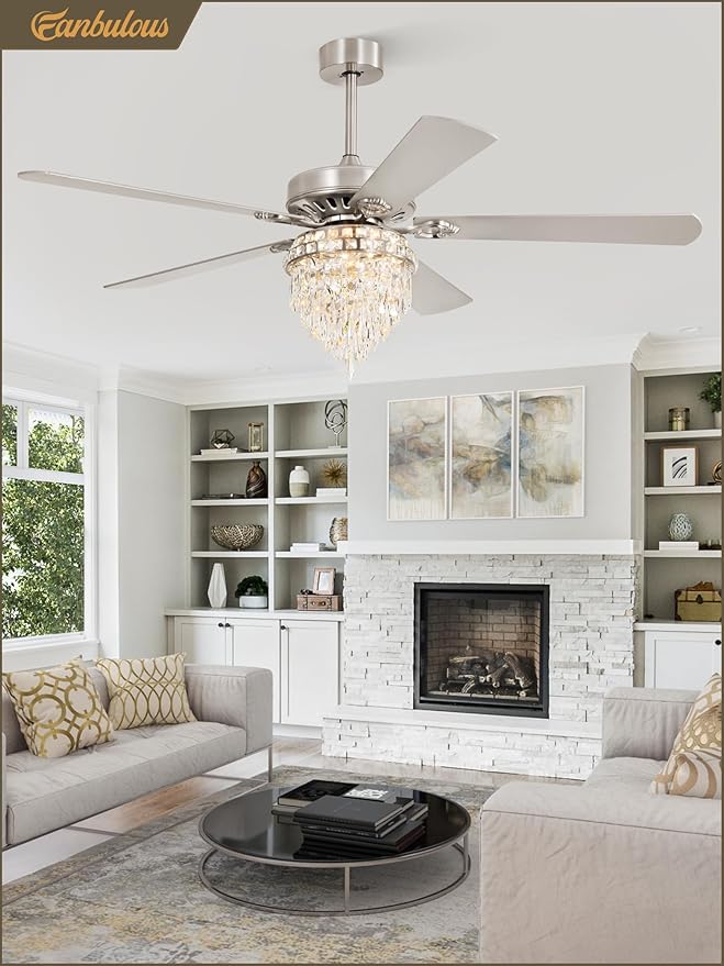 Fanbulous 60 Inch Modern Farmhouse Fandelier Ceiling Fans with Lights, Brushed Nickel Crystal Ceiling Fan Chandelier, 6 Speeds and Reversible, 3CCT, Indoor Ceiling Fan for Living Room Bedroom Kitchen