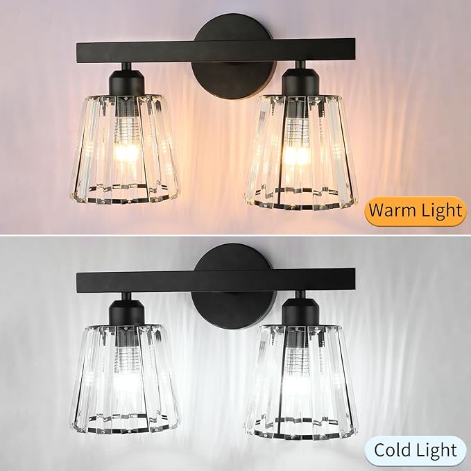 TISLYCO 2 Lights Sconces Wall Decor, Modern Vanity Light Fixture Over Mirror, Black Crystal Wall Sconce for Hallway Entryway Restroom, 2 Lights Bathroom sconces