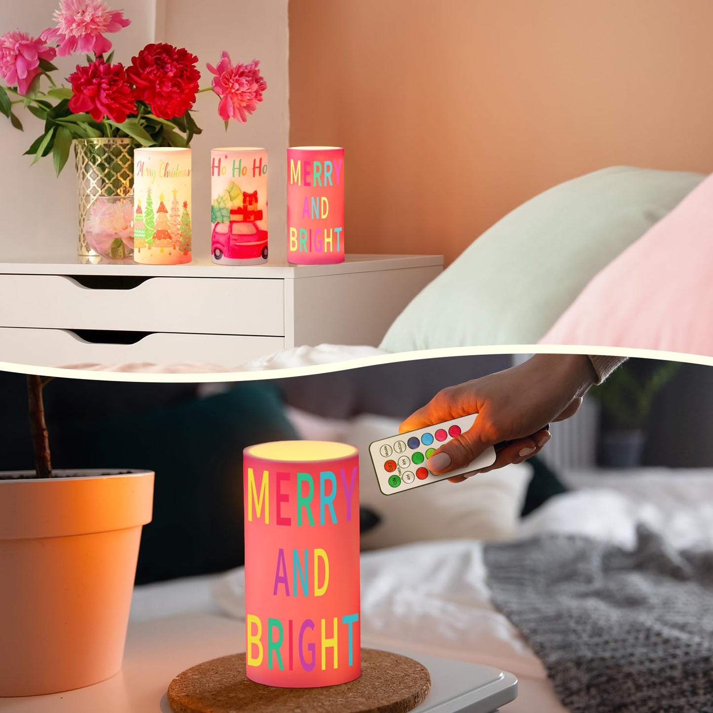 Retisee 3 Pcs Pastel Christmas Flameless Candles Pink Christmas Battery Operated LED Candles with Remote Pastel Candy Xmas Decorations Centerpiece for Holiday Bedroom Living Room Xmas Home Decor