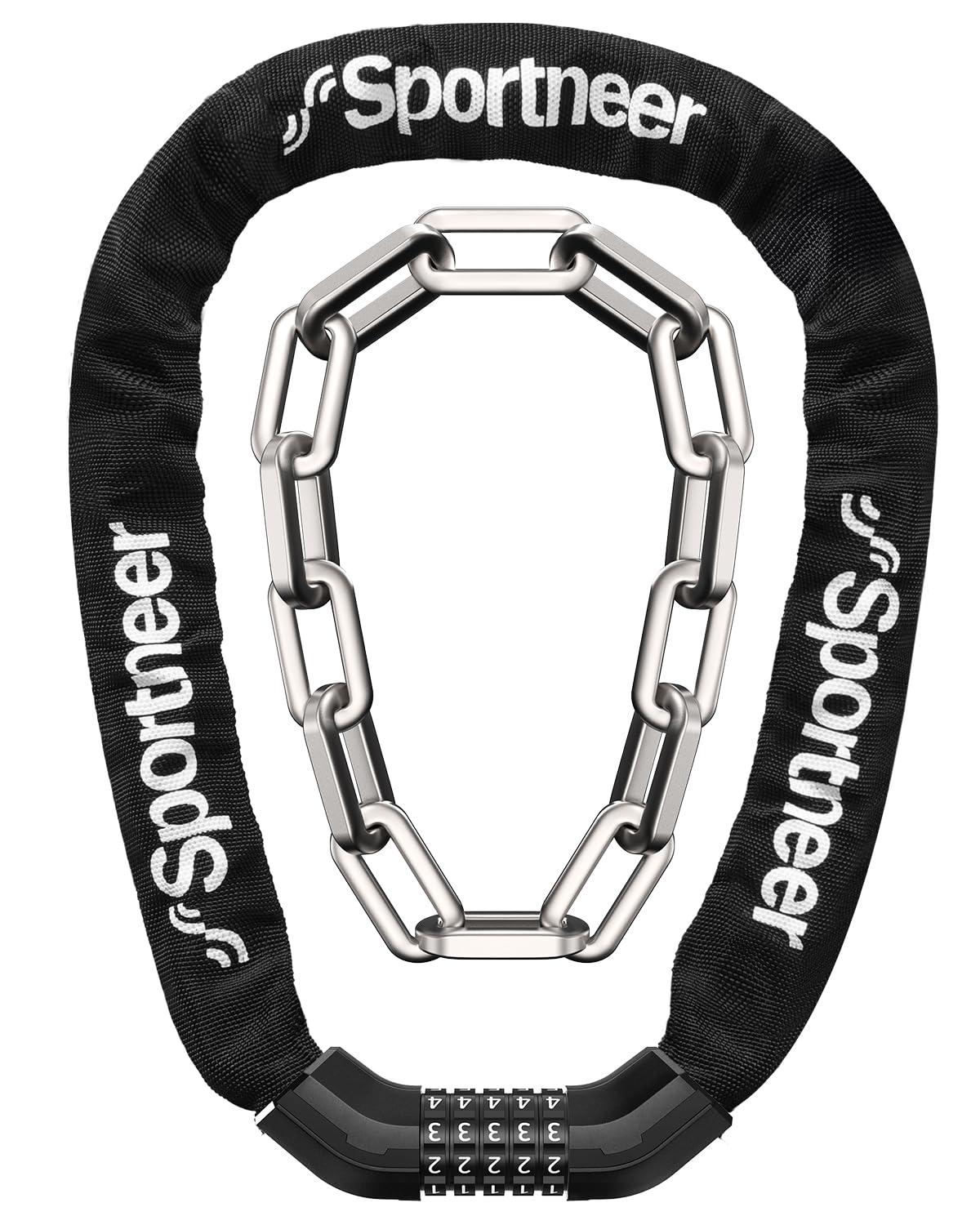 Sportneer Bike Chain Lock: 5-Digit Resettable Combination Heavy Duty Anti-Theft Square Link 3.2ft Bicycle Lock for Bike, Motorcycle, Scooter, Door & Gate - 6mm Thick, Easy to Use