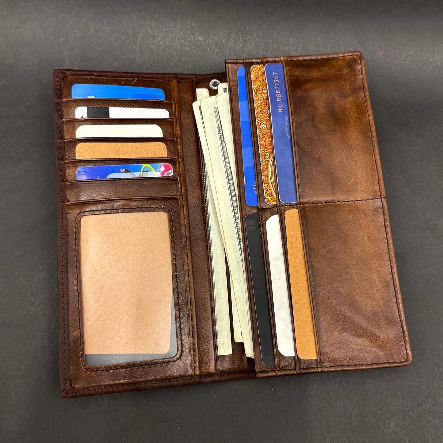 Paomadeng Skull Long Bifold Wallet for Men Full Grain Cowhide Genuine Leather Biker Wallet with Chain, RFID-Blocking, Brown