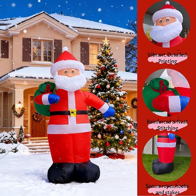 8FT Christmas Inflatable Santa Claus Outdoor Decorations, Inflatable Santa with Gift Bag Built-in LED Lights, Blow Up Yard Decorations for Holiday Xmas Party Indoor Garden Lawn