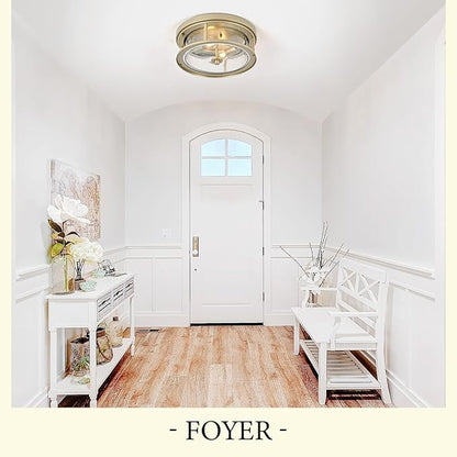 Gold Flush Mount Ceiling Light Fixture with Glass Brass Ceiling Light Fixture for Bedroom, Indoor Outdoor Ceiling Lights for Porch Hallway Kitchen