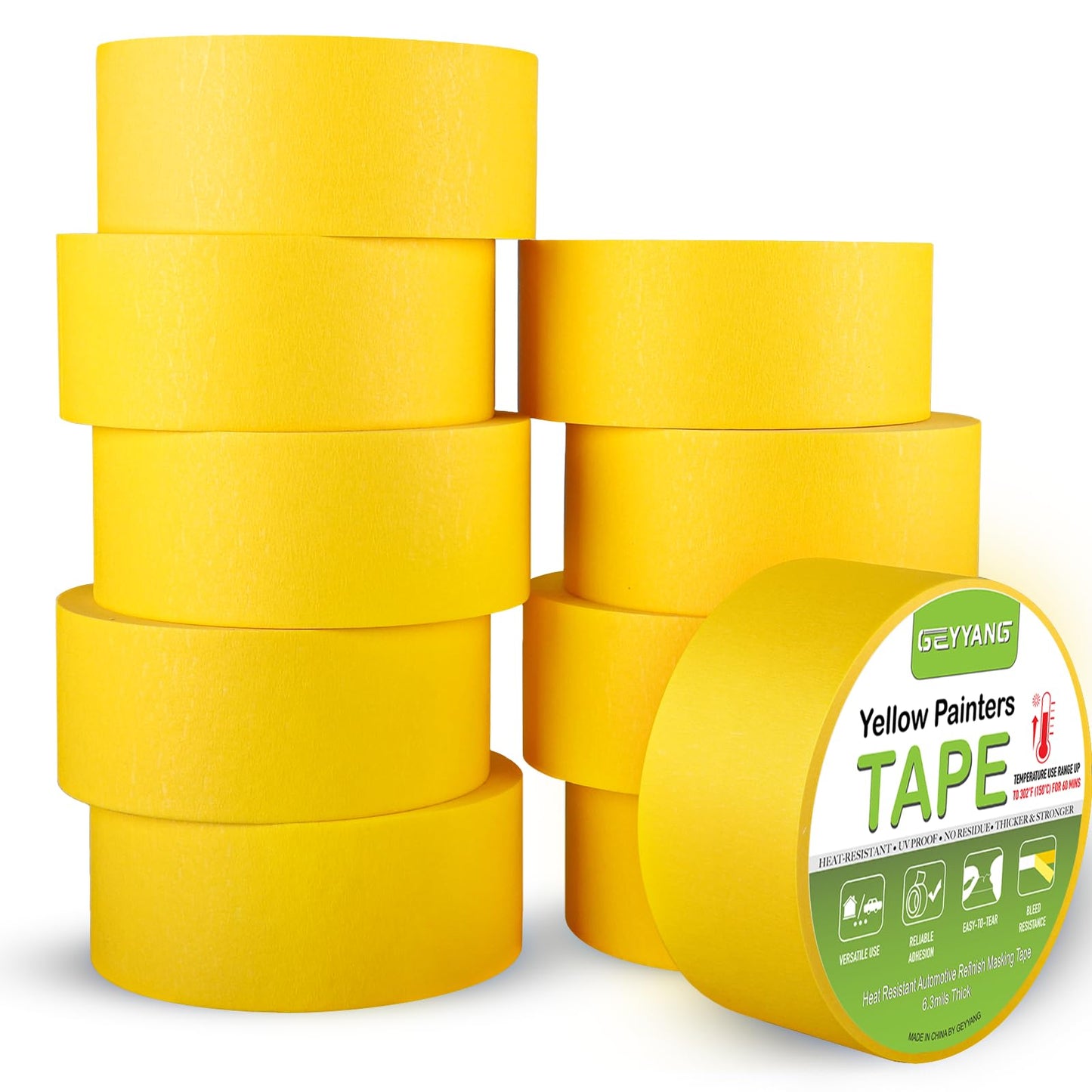 G GEYYANG Yellow Painters Tape, Automotive Masking Tape - Yellow Masking Tape for Walls Painting, DIY Crafting, Labeling, Art, Car - 1.88 Inch x 55 Yards x 10 Rolls