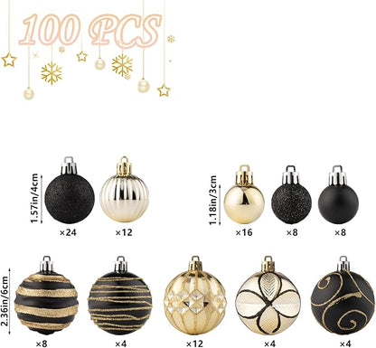 100Pcs Christmas Balls Ornaments Set, Shatterproof Christmas Decorations with Hand-held Gift Package for Xmas Tree/Holiday/Wedding/Holiday/Party Decor (Black & Gold)
