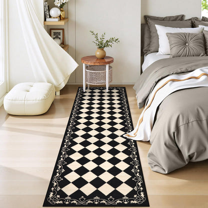 Beeiva Checkered Bathroom Runner Rug 2x6, Black and White Washable Runners for Hallways Non Slip, Moroccan Trellis 2x6 Rug for Besides Laundry Kitchen, Checkerboard Stain Resistant Bathroom Decor