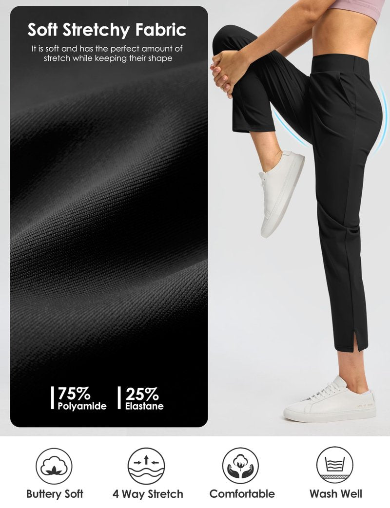G Gradual Women's Pants 25.5" Ankle 7/8 Golf Pants 3 Pockets Stretchy Petite Travel Pants with Inner Drawstring for Work Business Casual Athletic, Black, M